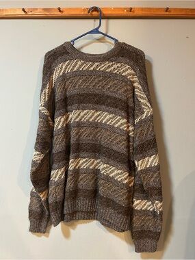 New Era Brown and Cream Striped Crewneck Sweater